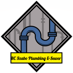 "Logo of RC Szabo Plumbing & Sewer, featuring a blue pipe in a diamond shape with a yellow banner containing the company name."