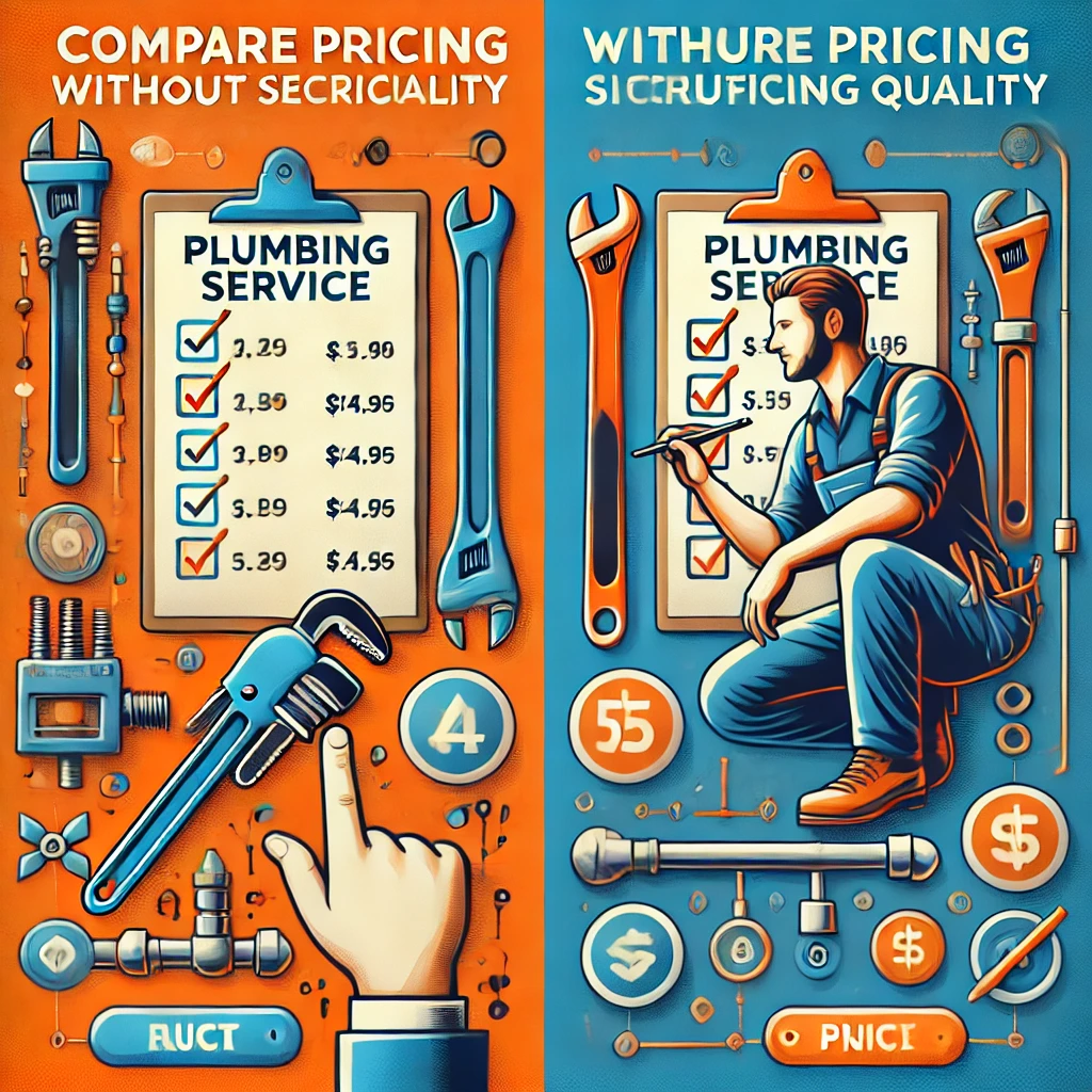 A side-by-side comparison image showing a professional plumber working efficiently and a plumbing service checklist with prices, emphasizing the importance of comparing pricing without sacrificing quality.