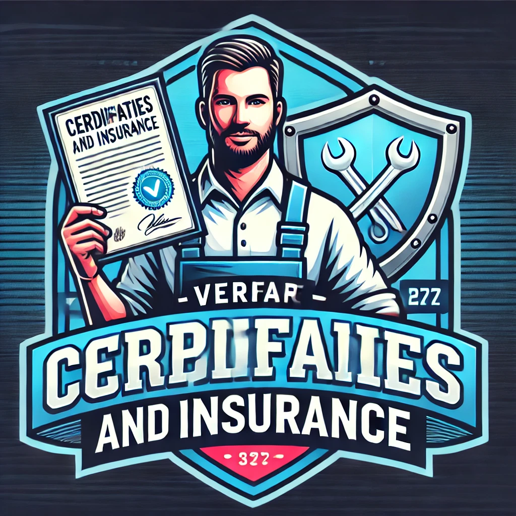 Professional plumber holding certification with a shield icon and insurance documents, emphasizing the importance of verifying credentials and insurance.