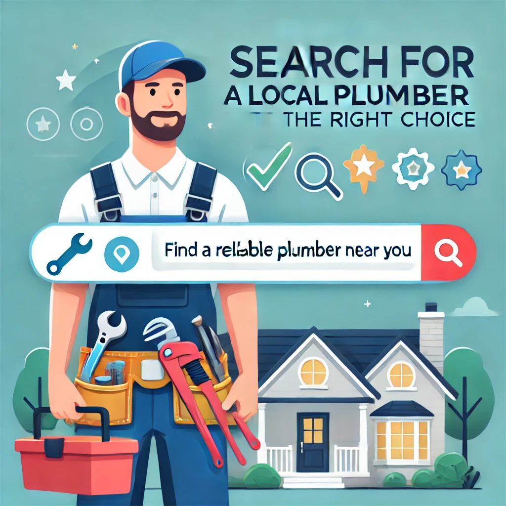 A professional plumber standing in front of a suburban home with a search bar that reads 'Find a Reliable Plumber Near You'. Icons like checkmarks and stars emphasize trust and professionalism.