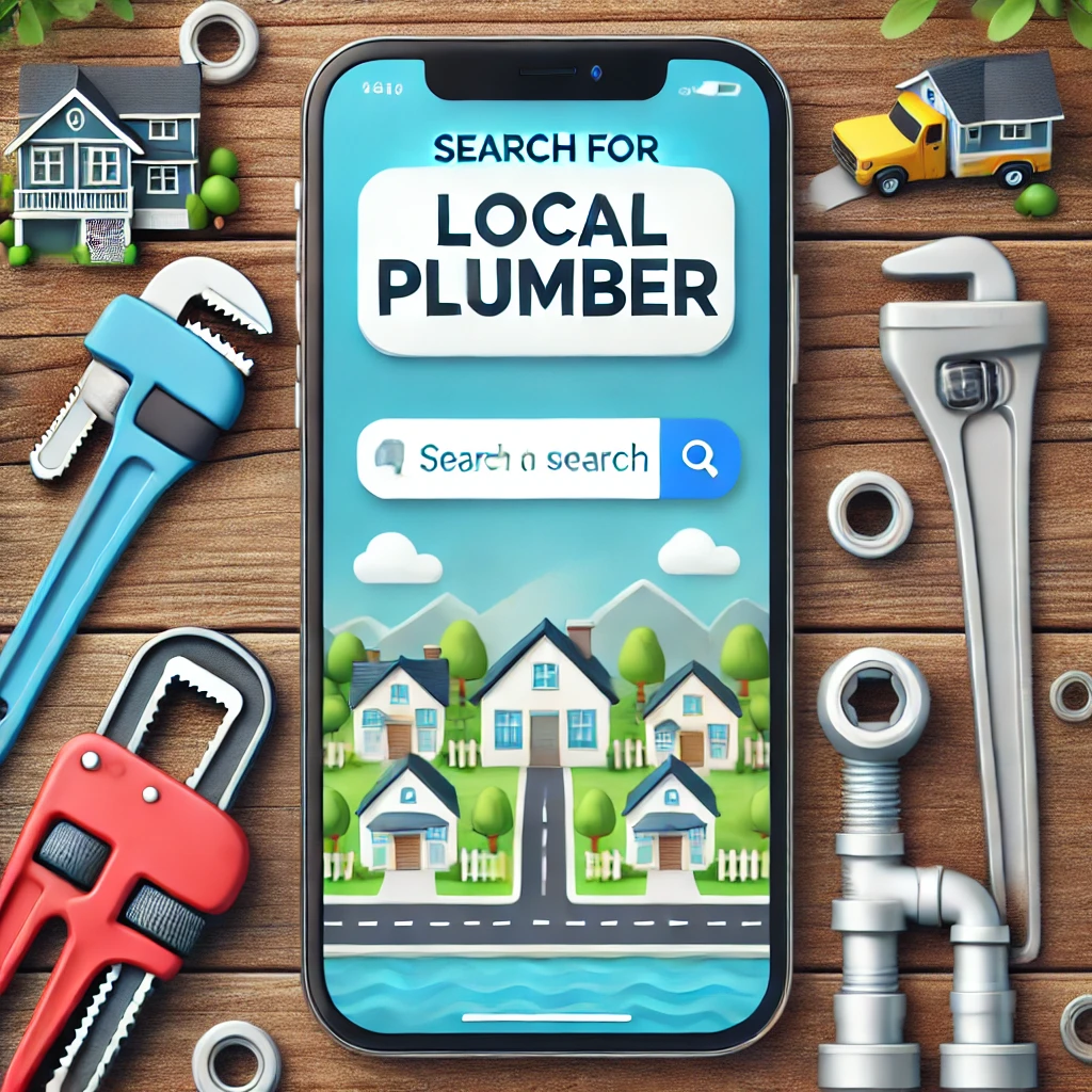 Image showing a local plumber search on a smartphone screen, with plumbing tools and a suburban neighborhood in the background.