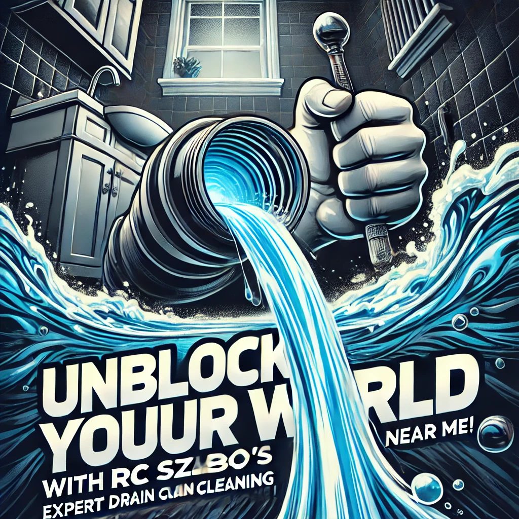 Promotional image for RC Szabo Plumbing featuring the slogan 'Unblock Your World with RC Szabo's Expert Drain Cleaning Near Me!' showing a drain being cleared with water flowing smoothly, set in a clean, modern bathroom or kitchen. Blue and white colors evoke cleanliness, with a call-to-action for fast, reliable service.