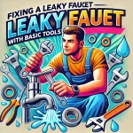 "An illustration of a homeowner using basic tools like wrenches and washers to fix a leaky faucet. Water droplets and plumbing tools are scattered around, with vibrant colors and playful design."