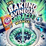 A vibrant and engaging image showing the natural fizzing reaction of baking soda and vinegar inside a kitchen drain. The text "The Baking Soda & Vinegar Miracle!" is displayed prominently, with playful arrows pointing to a box of baking soda and a bottle of vinegar, emphasizing this simple and eco-friendly cleaning solution.