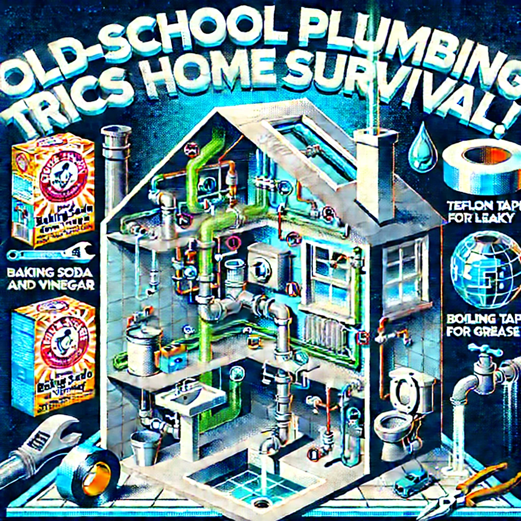 Cross-section of a house showing old-school plumbing tricks for home survival, featuring baking soda, vinegar, Teflon tape, and other DIY methods to fix common plumbing issues.