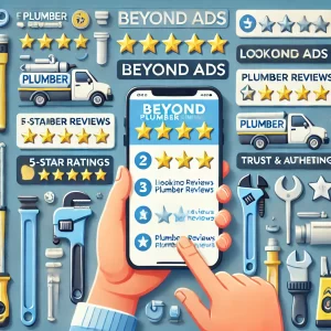 An image showing a person scrolling through online reviews and ratings on their phone, highlighting 5-star reviews contrasted with online ads. The image emphasizes the importance of looking beyond ads to read customer feedback before choosing a service provider.