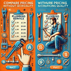 A side-by-side comparison image showing a professional plumber working efficiently and a plumbing service checklist with prices, emphasizing the importance of comparing pricing without sacrificing quality.