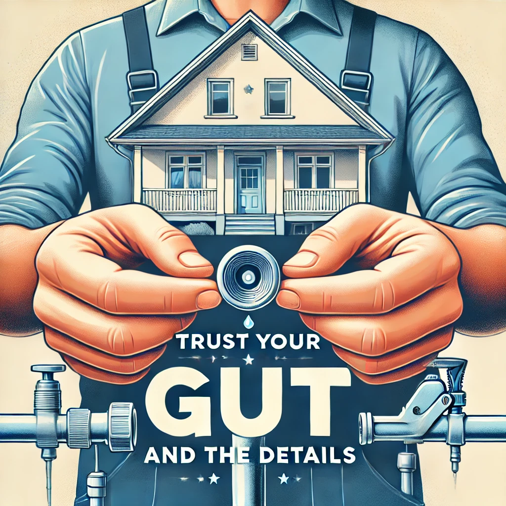 A close-up of a professional plumber inspecting a water pipe, with a homeowner confidently observing. The background shows a clean, well-maintained home. The text 'Trust Your Gut and the Details' is displayed in bold.