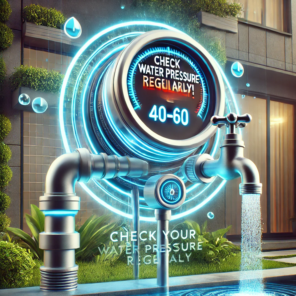 "A futuristic pressure gauge connected to a sleek outdoor faucet, displaying optimal water pressure between 40-60 PSI. The glowing dial and animated water elements make the image visually engaging, set against the backdrop of a modern, eco-friendly home with lush greenery."

