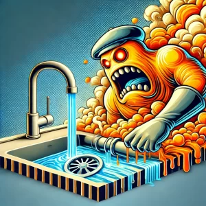 A dynamic illustration of a kitchen sink with steam rising as boiling water is poured into the drain. A glowing orange grease monster, symbolizing clogged grease, is seen dissolving with water flowing through the pipes, indicating how boiling water helps clear grease buildup.