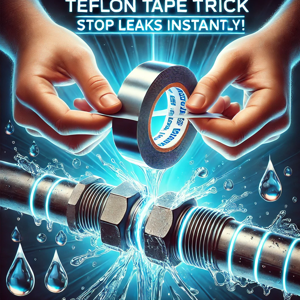 "Hands expertly wrapping Teflon tape around a threaded pipe to stop a leak, with water droplets and glowing lines in the background, symbolizing the effectiveness of this simple plumbing trick."

