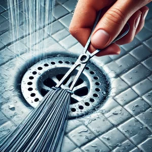 A close-up image of a hand using a zip tie with small notches to remove hair and debris from a shower drain. Water flows cleanly into the drain after being cleared, demonstrating the effectiveness of the zip tie hack.
