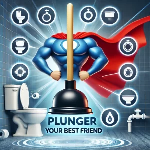 "Cartoonish image of a superhero-like plunger with a red cape, standing triumphantly in a bathroom with glowing effects. The plunger is surrounded by icons representing plumbing elements like toilets, pipes, and water, with the bold title 'Plunger: Your Best Friend.'"