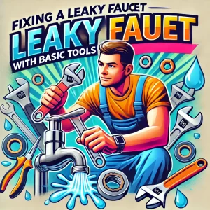 "An illustration of a homeowner using basic tools like wrenches and washers to fix a leaky faucet. Water droplets and plumbing tools are scattered around, with vibrant colors and playful design."