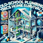 Cross-section of a house showing old-school plumbing tricks for home survival, featuring baking soda, vinegar, Teflon tape, and other DIY methods to fix common plumbing issues