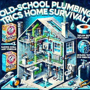 Cross-section of a house showing old-school plumbing tricks for home survival, featuring baking soda, vinegar, Teflon tape, and other DIY methods to fix common plumbing issues.