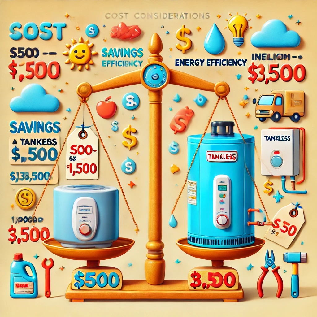 Playful illustration of water heater installation costs, comparing traditional tank and tankless models on a balance scale.

