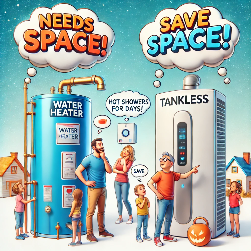 A family deciding between a large traditional water heater and a sleek tankless model, weighing options like space-saving and hot water capacity.