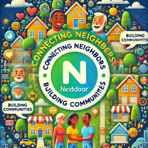 Vibrant image of a friendly neighborhood scene with homes, smiling neighbors, and the Nextdoor logo at the center, surrounded by the text 'Connecting Neighbors, Building Communities.