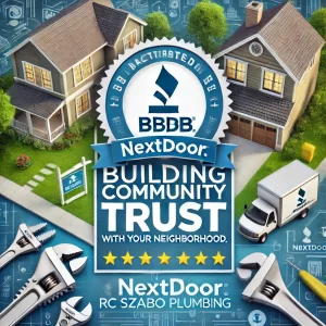 "An image showcasing the BBB Accreditation badge alongside the Nextdoor logo, with RC Szabo Plumbing featured. The image highlights community trust with a background of homes, plumbing tools, and a service van."