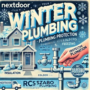 An educational image showing the importance of winter plumbing protection. A hand is inspecting insulated pipes against a snowy home background. The Nextdoor and RC Szabo Plumbing logos are prominently displayed.