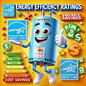 Animated water heater holding an ENERGY STAR label with a thumbs-up, surrounded by energy-saving icons and dollar signs, promoting energy efficiency and cost savings.