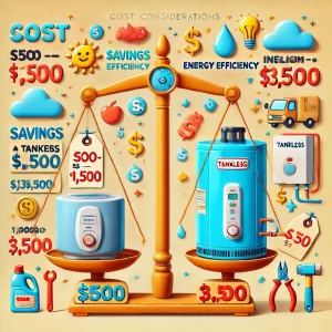 Playful illustration of water heater installation costs, comparing traditional tank and tankless models on a balance scale.