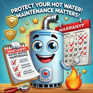 Animated water heater holding a maintenance checklist with a calendar showing regular maintenance dates and warranty protection symbols.