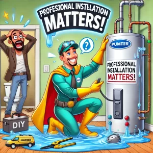 Cartoon superhero plumber confidently installing a water heater, with a panicked DIY homeowner in the background experiencing water flooding.
