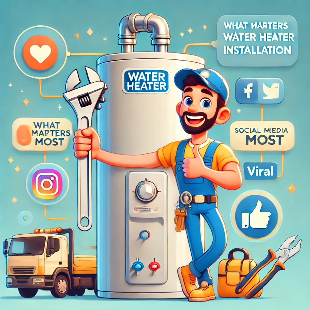 Friendly plumber giving a thumbs up beside a water heater, surrounded by viral social media icons and tools. Water Heater Installation Service!