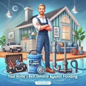 A professional plumber standing confidently next to plumbing equipment including a sump pump and pipes, with a cozy home background, promoting flood prevention services.