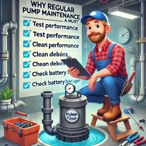 Illustration of a plumber inspecting a sump pump in a basement with a checklist for pump maintenance tasks.