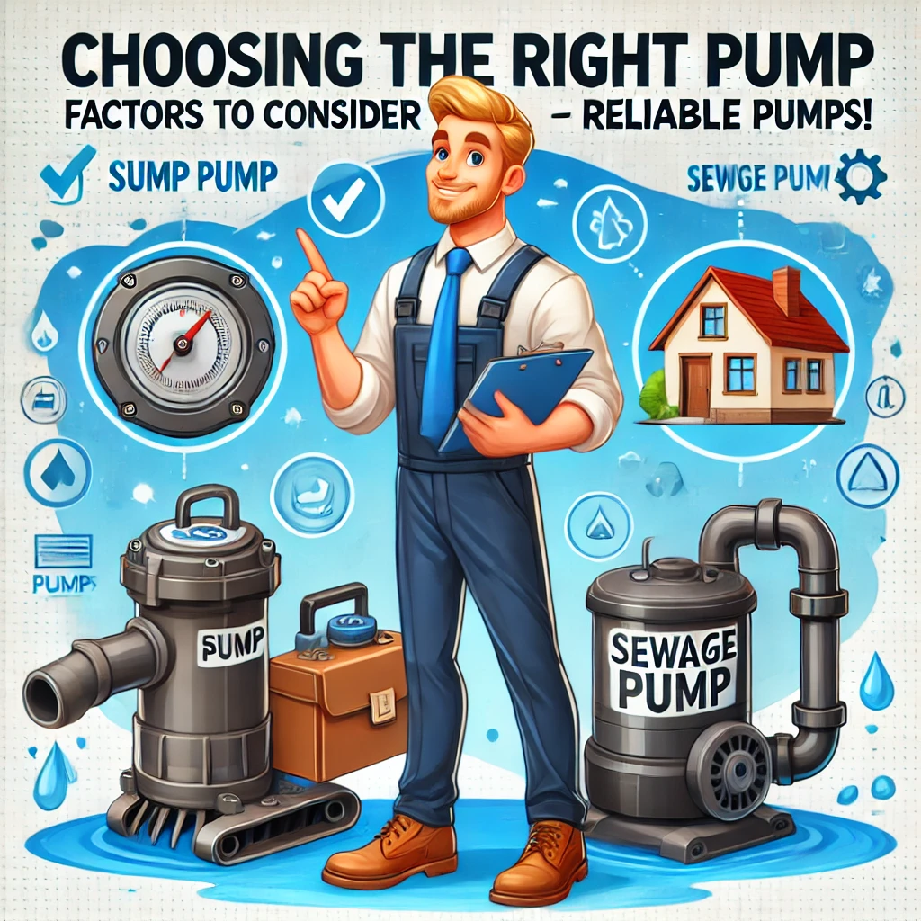 Illustration of a professional plumber pointing to a sump pump and a sewage pump with a checklist, highlighting key factors for choosing the right pump for home plumbing needs.

