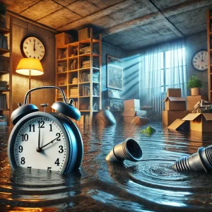 A flooded basement with water seeping in, showing a broken sump pump and a clock symbolizing the urgency of addressing plumbing issues.