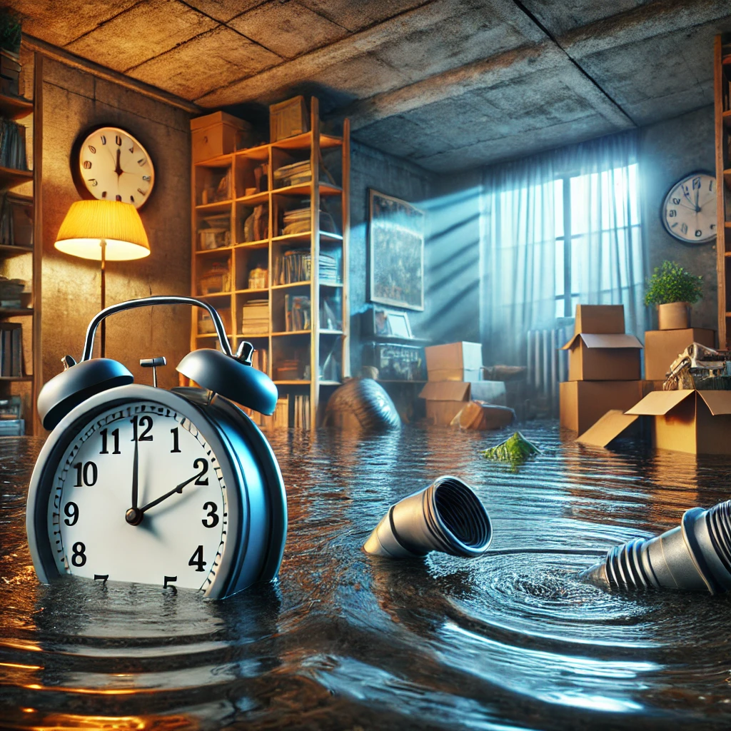 A flooded basement with water seeping in, showing a broken sump pump and a clock symbolizing the urgency of addressing plumbing issues.

