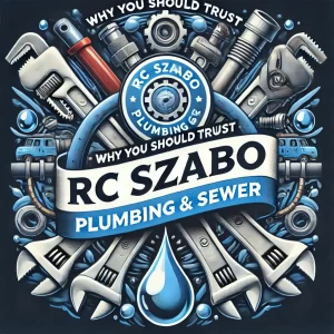 Professional image featuring RC Szabo Plumbing & Sewer logo with plumbing tools and water droplets, emphasizing trust and reliability.