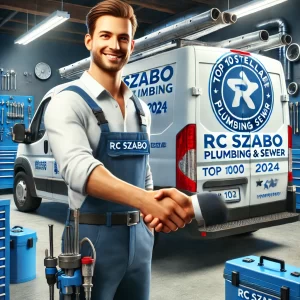 Professional plumber from RC Szabo Plumbing shaking hands with a satisfied customer in front of a branded service van showcasing the "Top 100 Stellar Plumbing 2024" badge.

