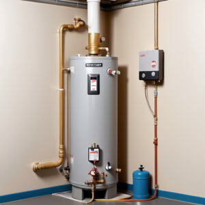 "An informative image showing a water heater with various plumbing issues affecting water pressure, including sediment buildup in the tank, a clogged dip tube, a malfunctioning pressure relief valve, and leaking components. This image visually represents the common problems discussed in the blog article about restoring optimal water heater performance and pressure."