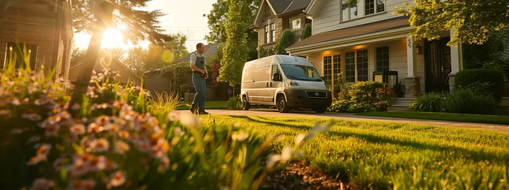 a bright, inviting home with a well-maintained garden stands in the foreground, while a professional plumber in uniform inspects a shiny, new plumbing van parked nearby, symbolizing trustworthy local services ready to solve plumbing issues.