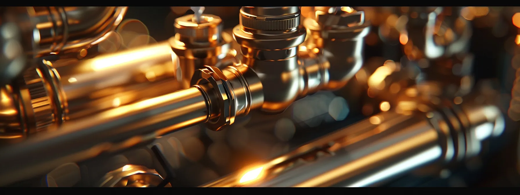 a close-up shot of a gleaming, intricate plumbing system with shiny copper pipes and a modern faucet, illuminated by soft, warm light reflecting off the surface, showcasing the precision and craftsmanship of plumbing repair.