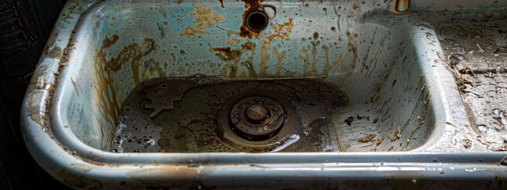 a close-up view of a distressed home sink with murky, stagnant water pooled, highlighting the stark contrast between the modern fixtures and the evident signs of neglect, illuminated by soft, diffused lighting to emphasize the seriousness of drain issues.