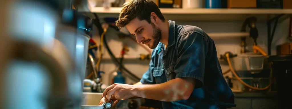 a confident homeowner examines a gleaming, modern drain cleaning tool amidst a well-organized basement, illuminated by soft, natural light, symbolizing informed decision-making in plumbing maintenance.