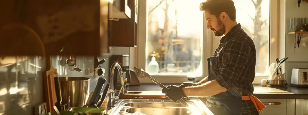 a confident plumber, equipped with professional tools and wearing a crisp uniform, conducts a thorough inspection of a pristine kitchen sink, illuminated by warm, natural light streaming through a nearby window.