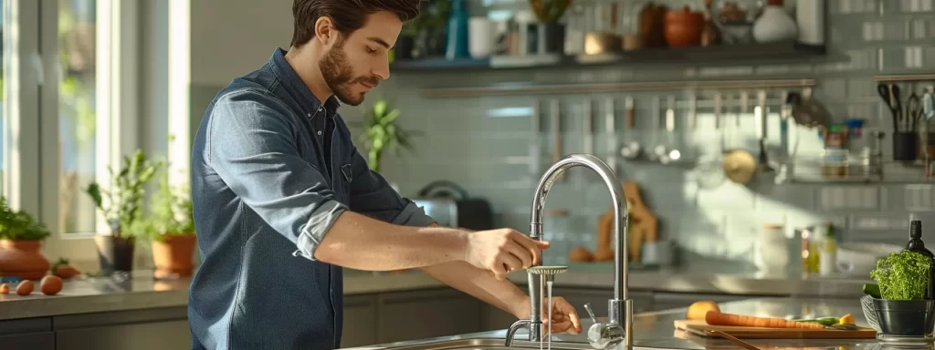 a gleaming, modern kitchen showcases a skilled plumber in action, expertly fixing a sink while surrounded by tools, emphasizing professionalism, reliability, and customer satisfaction in trustworthy plumbing services.