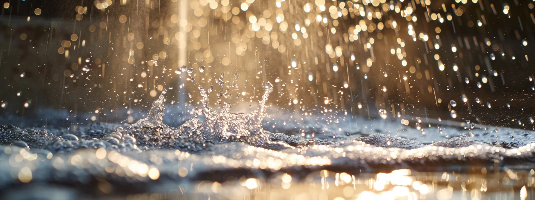 a powerful burst of water jets from a recently cleared drain, shimmering in bright sunlight and showcasing the gleaming metallic pipework that highlights the efficiency of the cleaning process.