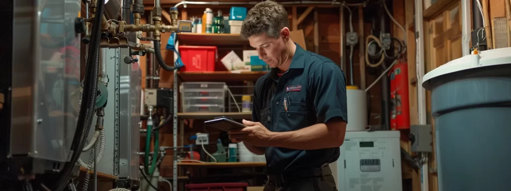 a professional plumber meticulously inspects a modern, well-lit basement, showcasing sophisticated tools and plumbing equipment, emphasizing the importance of expertise and reliability in addressing urgent repair needs.