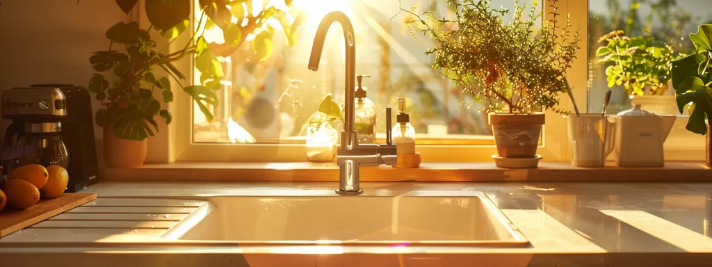 a vibrant, eco-friendly kitchen setting showcases a gleaming sink equipped with natural drain-cleaning solutions, illuminated by warm sunlight filtering through a nearby window, symbolizing the importance of maintaining clean drains year-round.