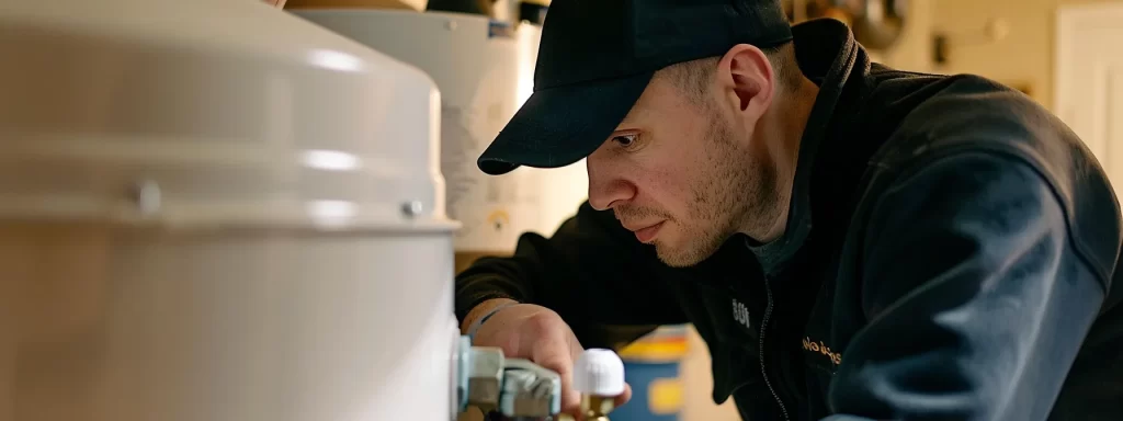 a skilled plumber, focused and professional, is expertly inspecting a gleaming, modern water heater installation in a well-lit home environment, highlighting the importance of effective plumbing maintenance.