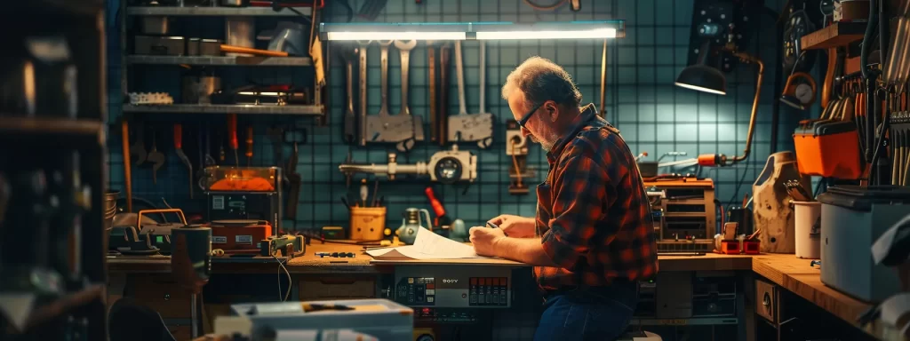 a vivid illustration of a homeowner thoughtfully examining plumbing repair invoices, surrounded by an array of tools and components, set against a backdrop of a well-lit, organized workshop that captures the essence of budgeting for essential home maintenance.