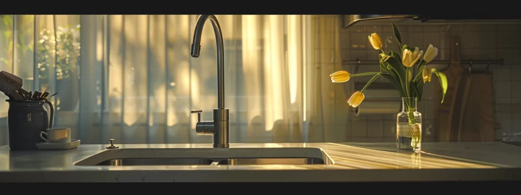 a close-up of a gleaming, modern kitchen faucet installed over a pristine sink, illuminated by soft natural light filtering through a nearby window, emphasizing its sleek design and contemporary style.